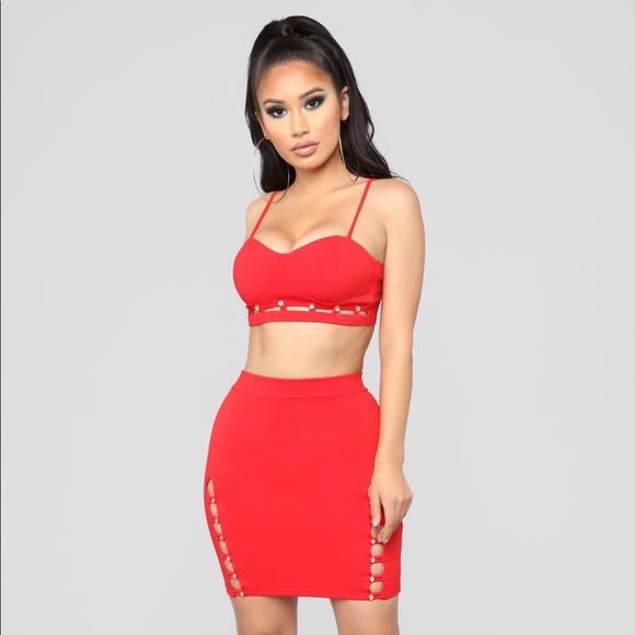 red 2 piece skirt set